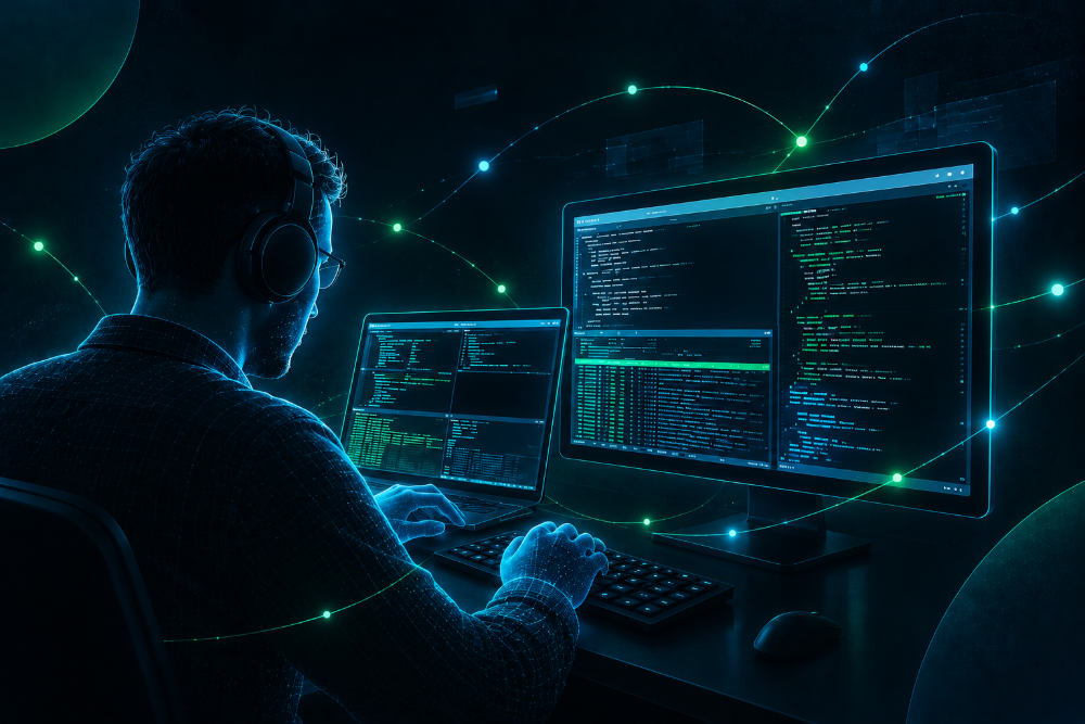 Developer working at a dual-monitor setup