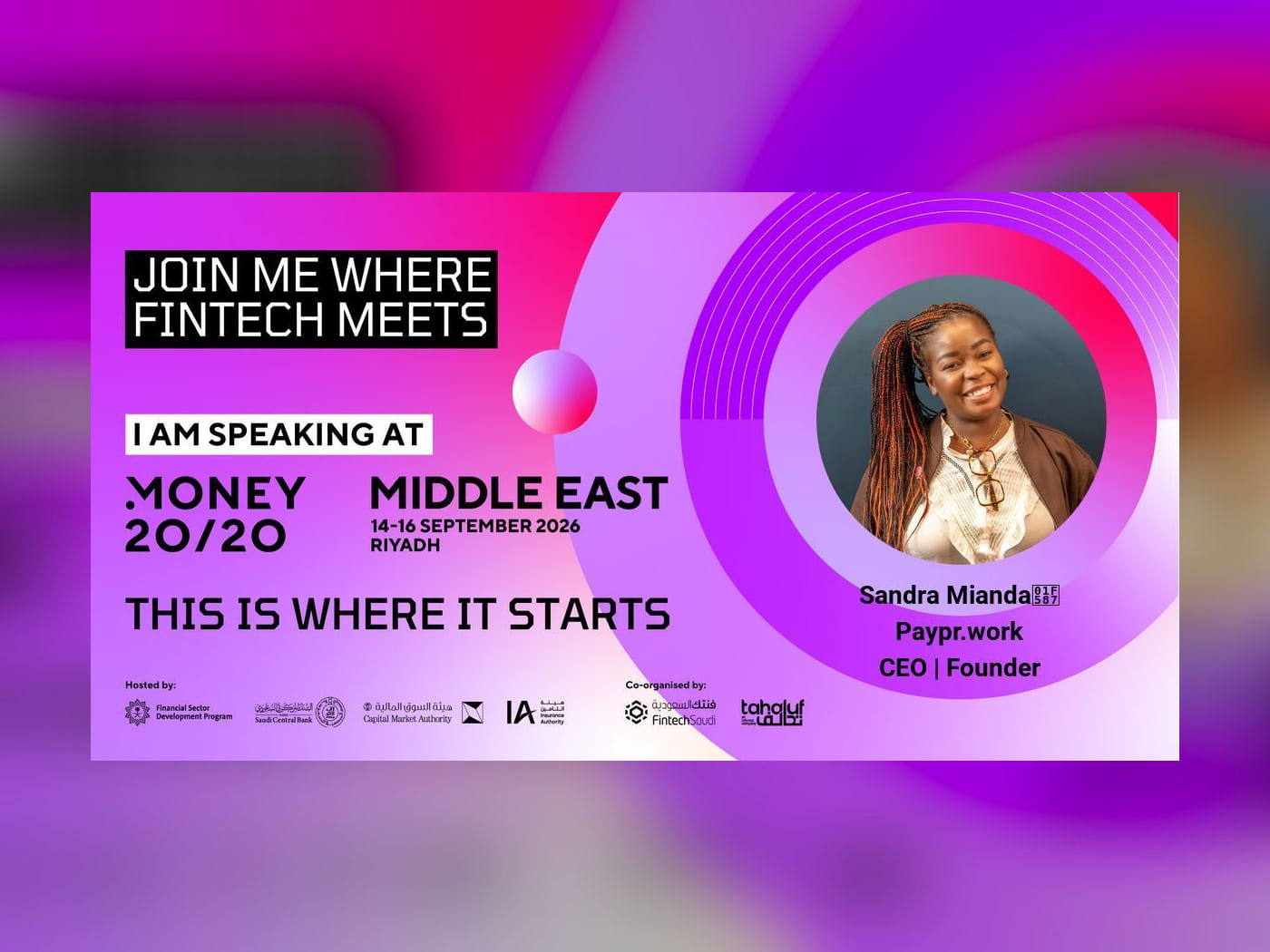 Sandra Mianda, Founder and CEO of paypr.work, on a Money20/20 Middle East speaker card for Riyadh, 14–16 September 2026.