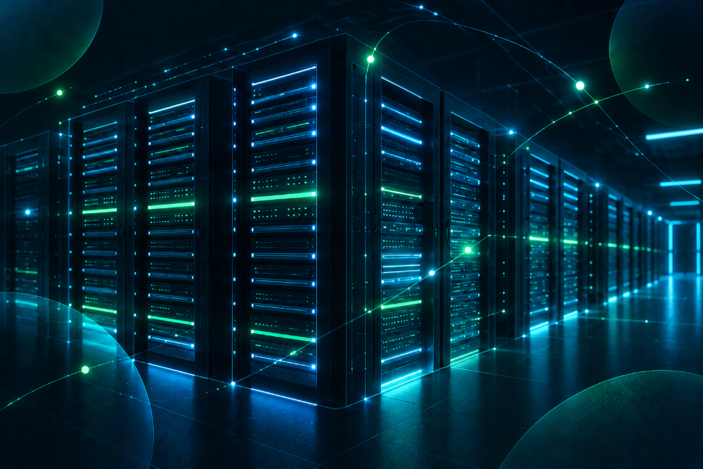 Rows of servers in a data centre aisle